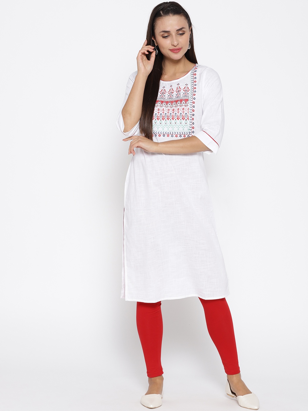 

AURELIA Women White & Red Yoke Design Straight Kurta