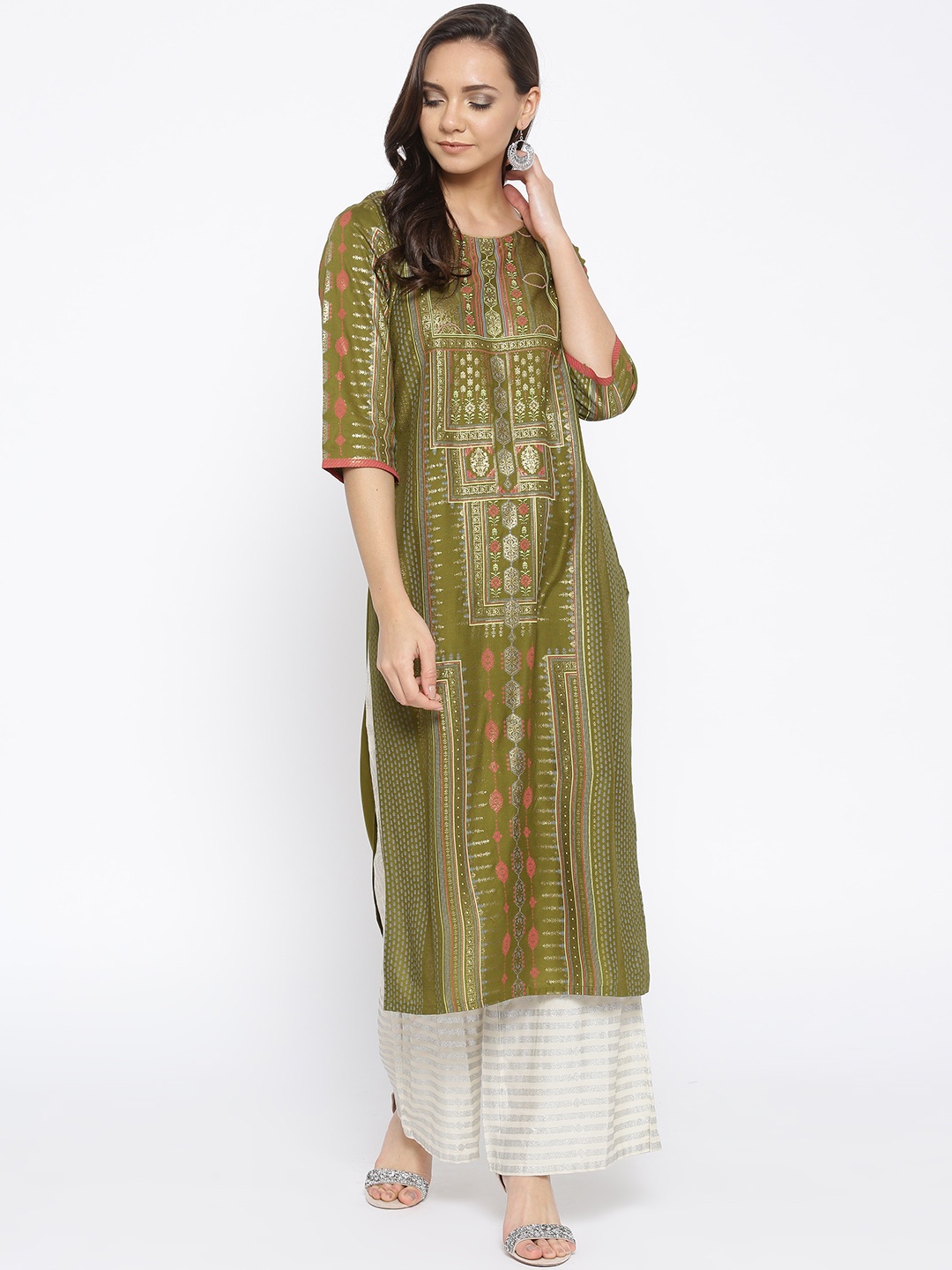 

AURELIA Women Olive Green Printed Straight Kurta