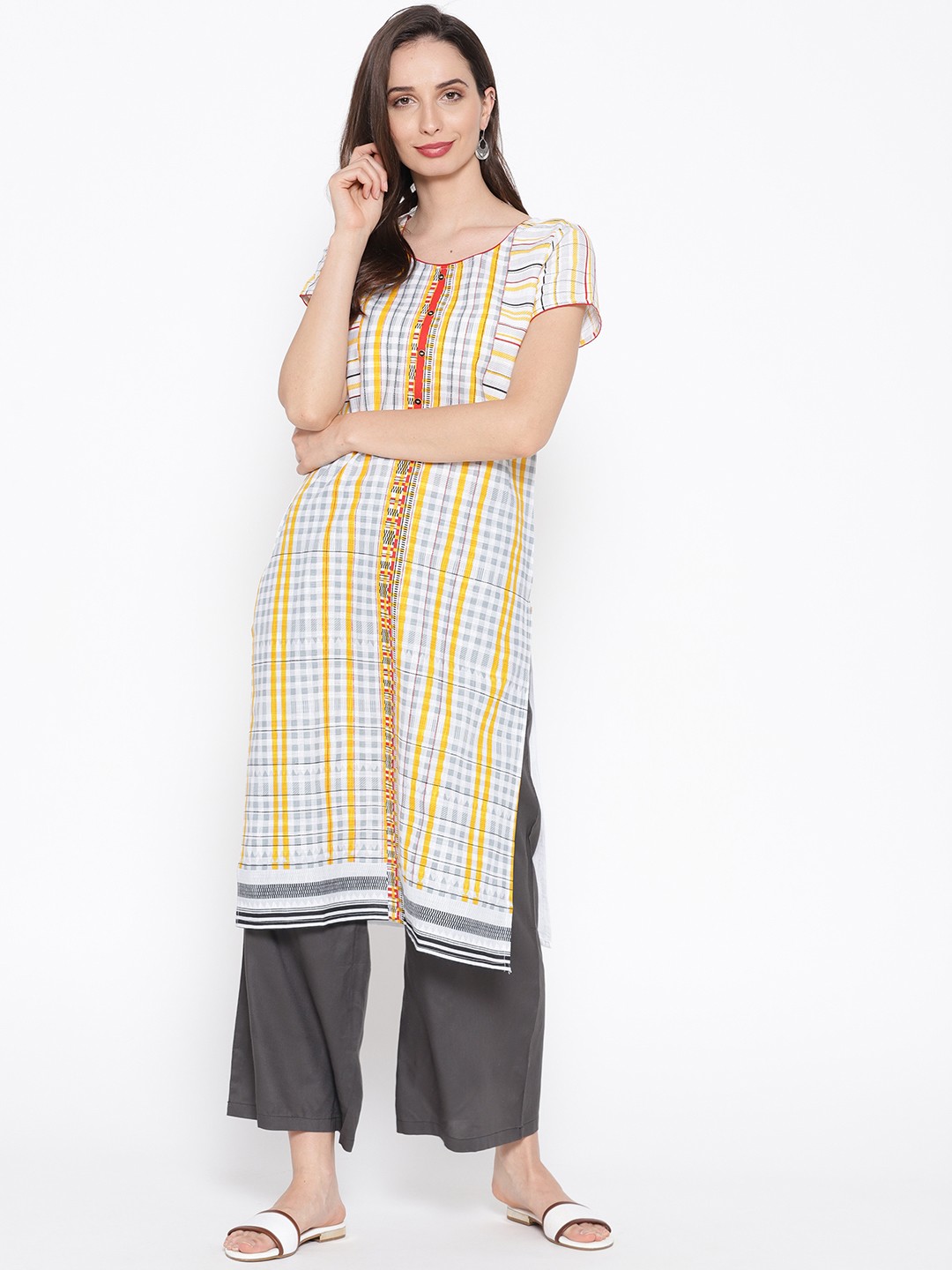 

AURELIA Women White & Grey Checked Straight Kurta