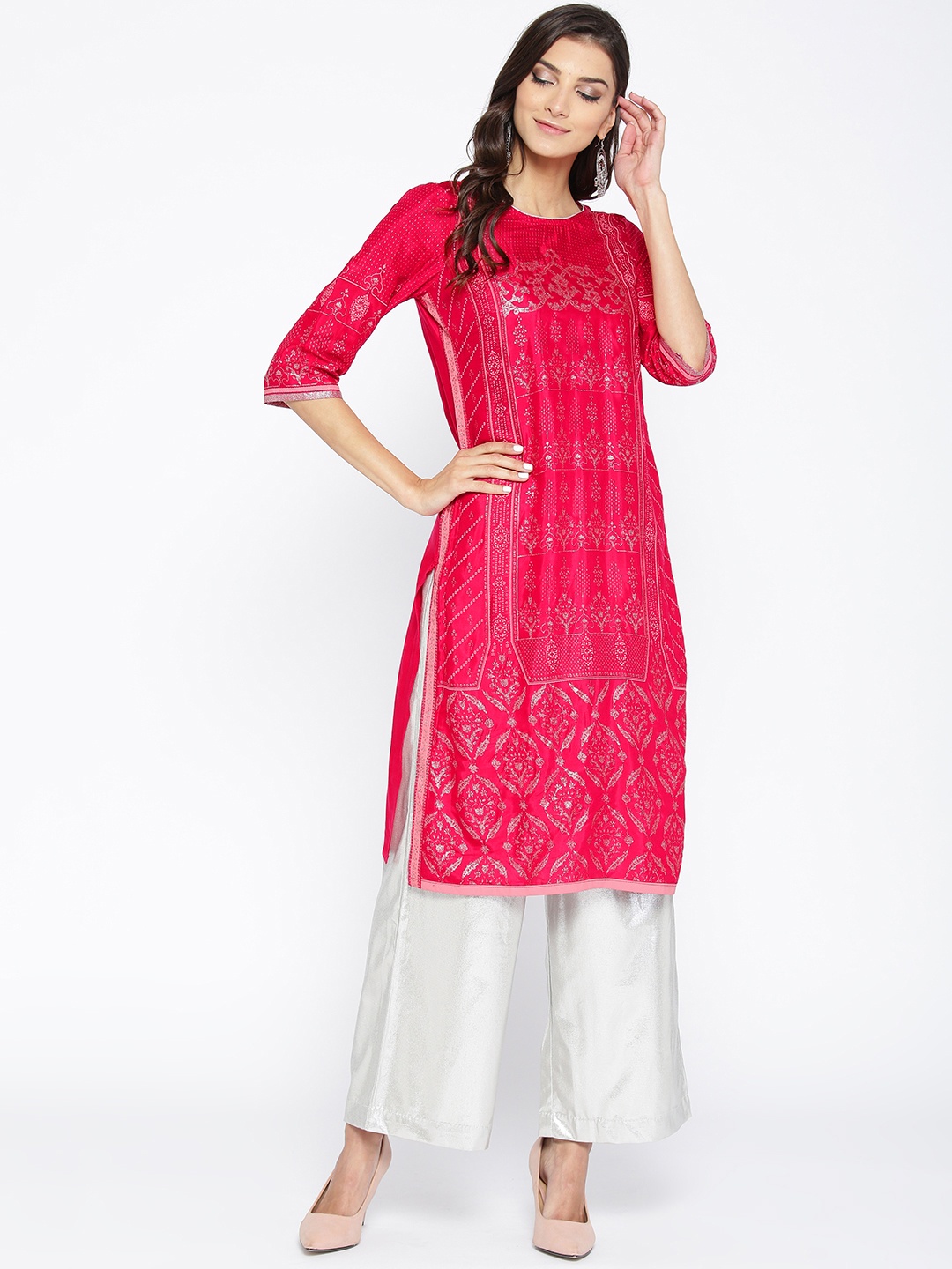 

AURELIA Women Pink & Silver Printed Straight Kurta