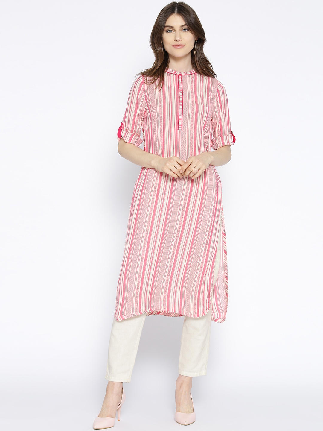 

AURELIA Women Pink & Off-White Striped Straight Kurta