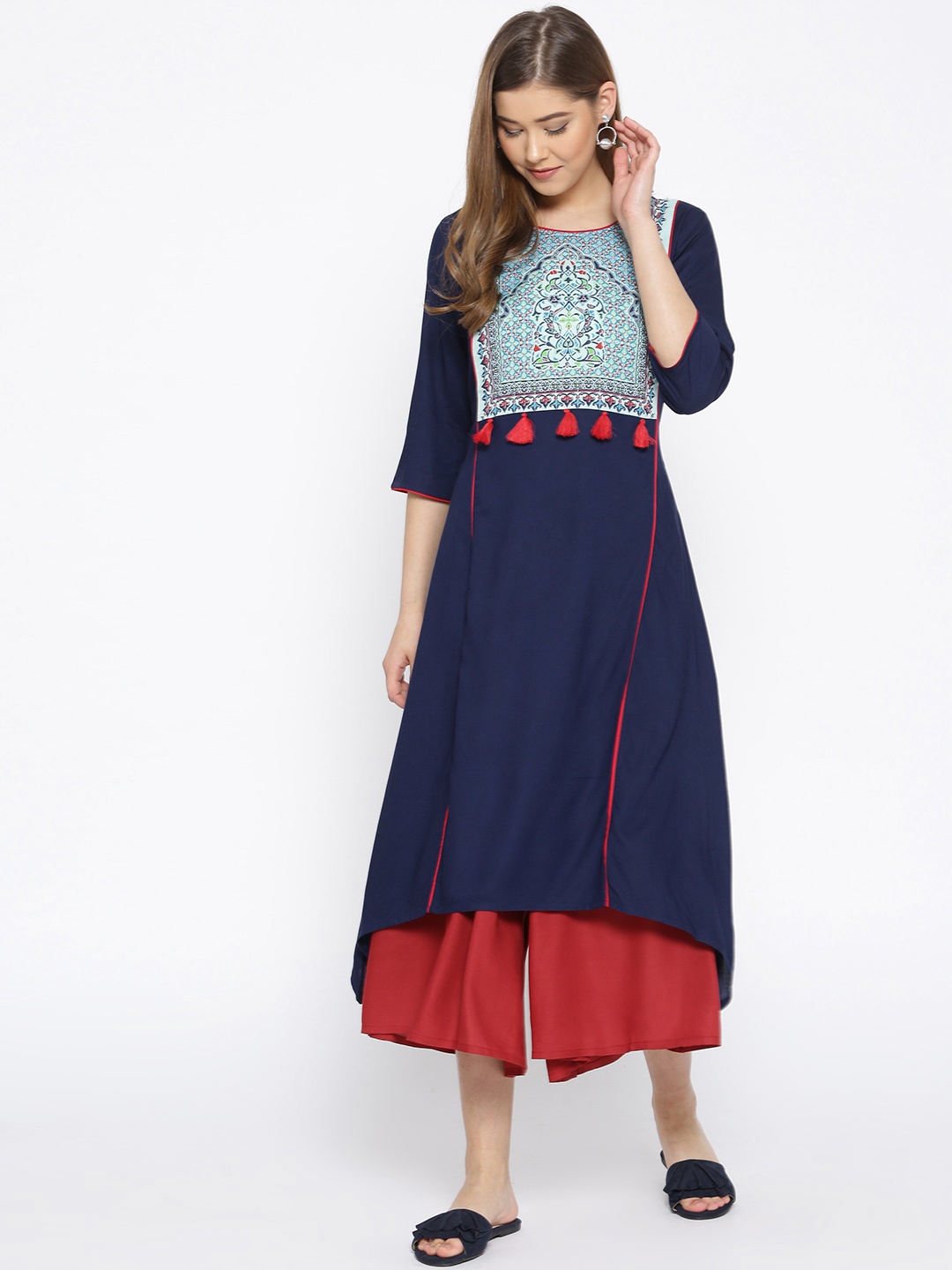 

AURELIA Women Navy Blue Yoke Design A-Line Kurta