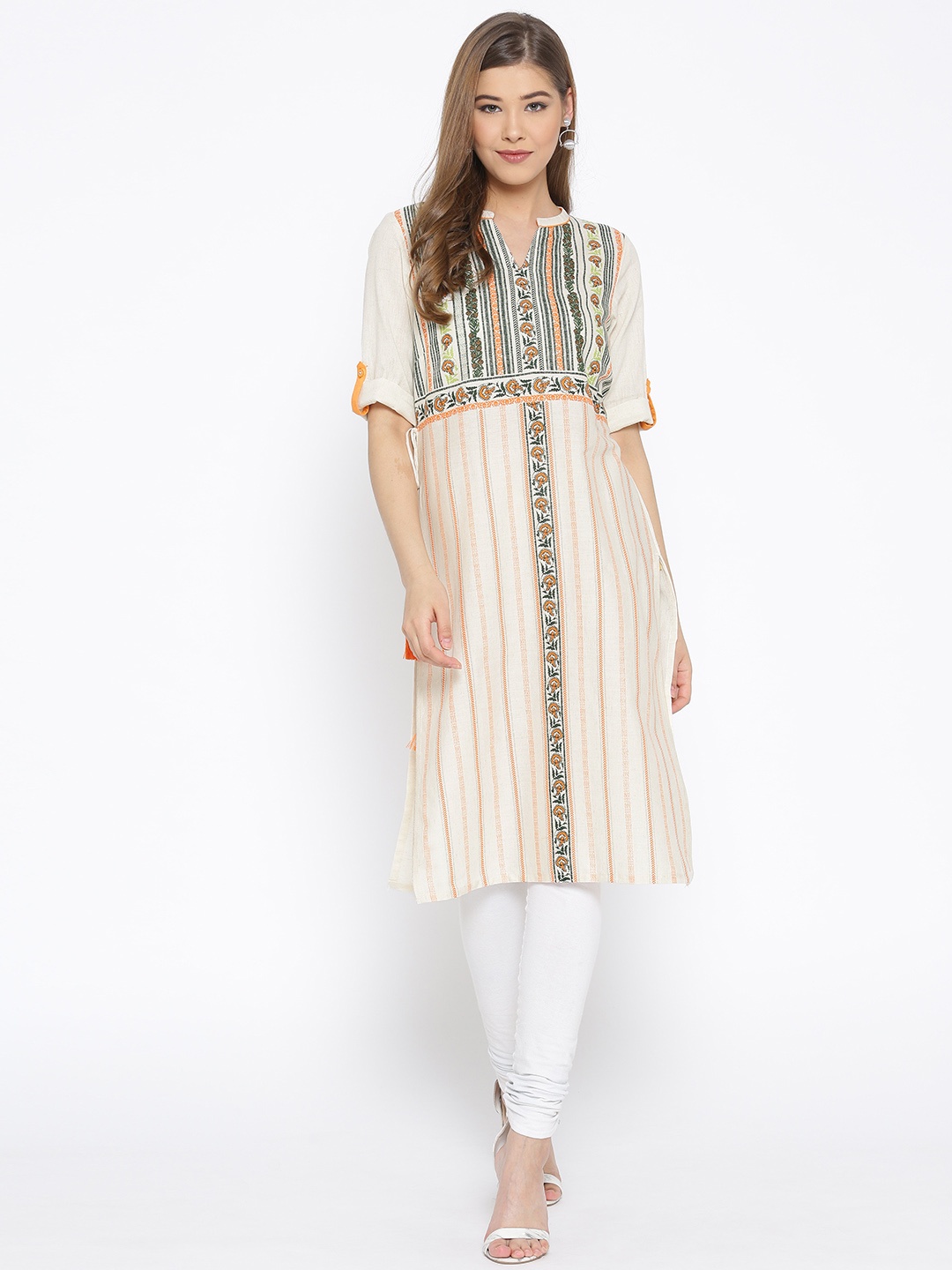 

AURELIA Women Off-White & Green Striped Straight Kurta