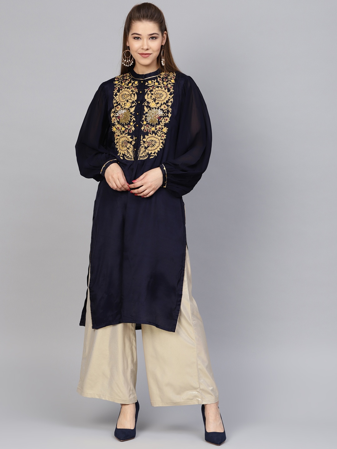 

WISHFUL by W Women Navy Blue & Golden Yoke Design Straight Kurta