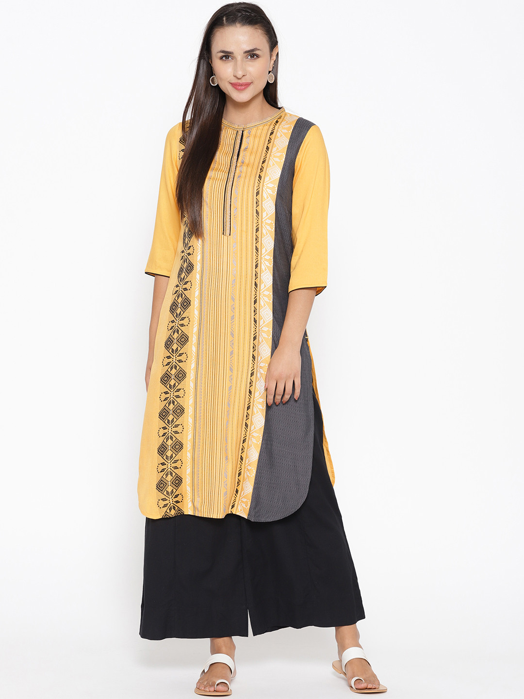 

AURELIA Women Yellow & Black Woven Design Straight Kurta