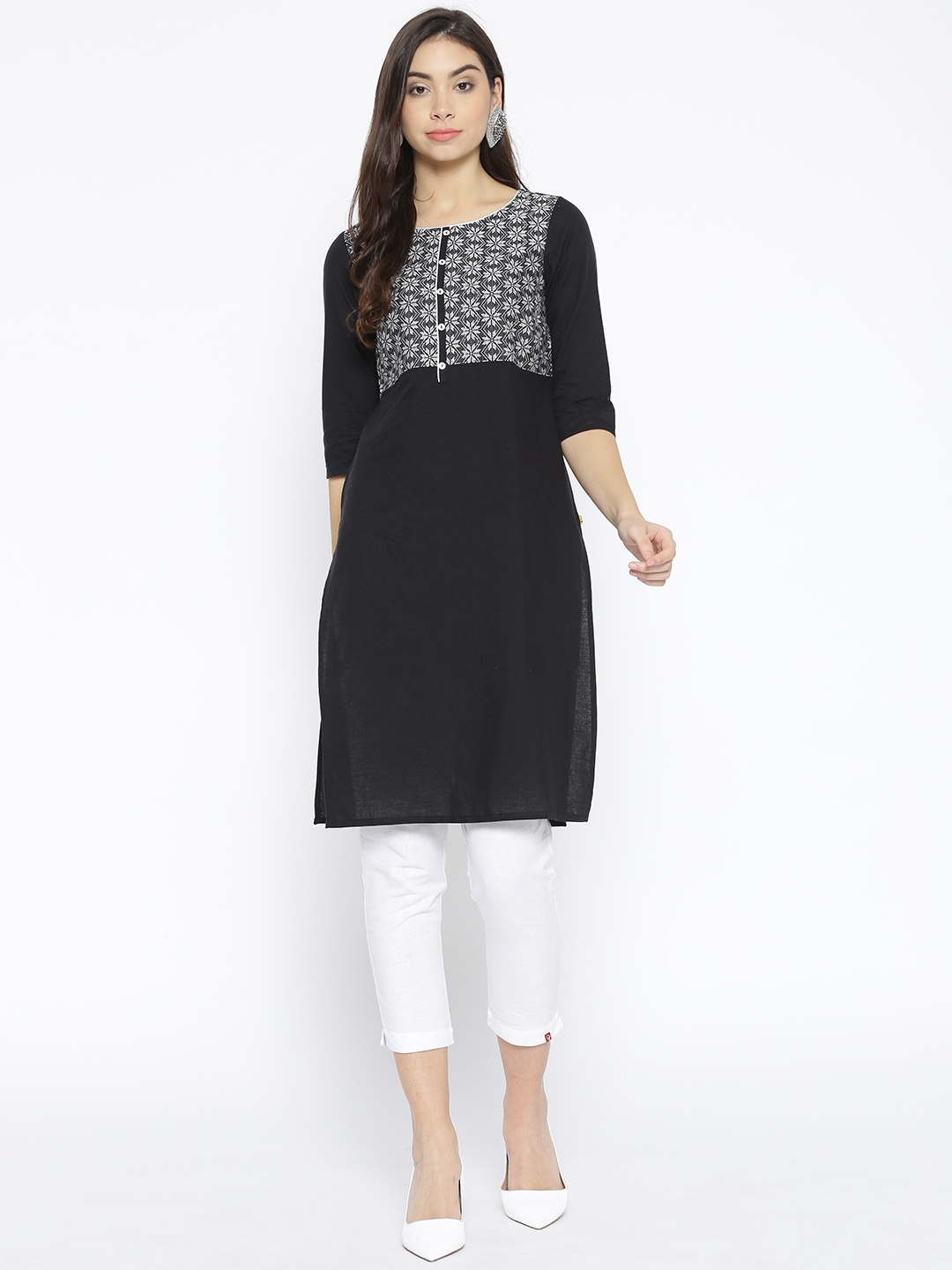 

AURELIA Women Black & White Yoke Design Straight Kurta