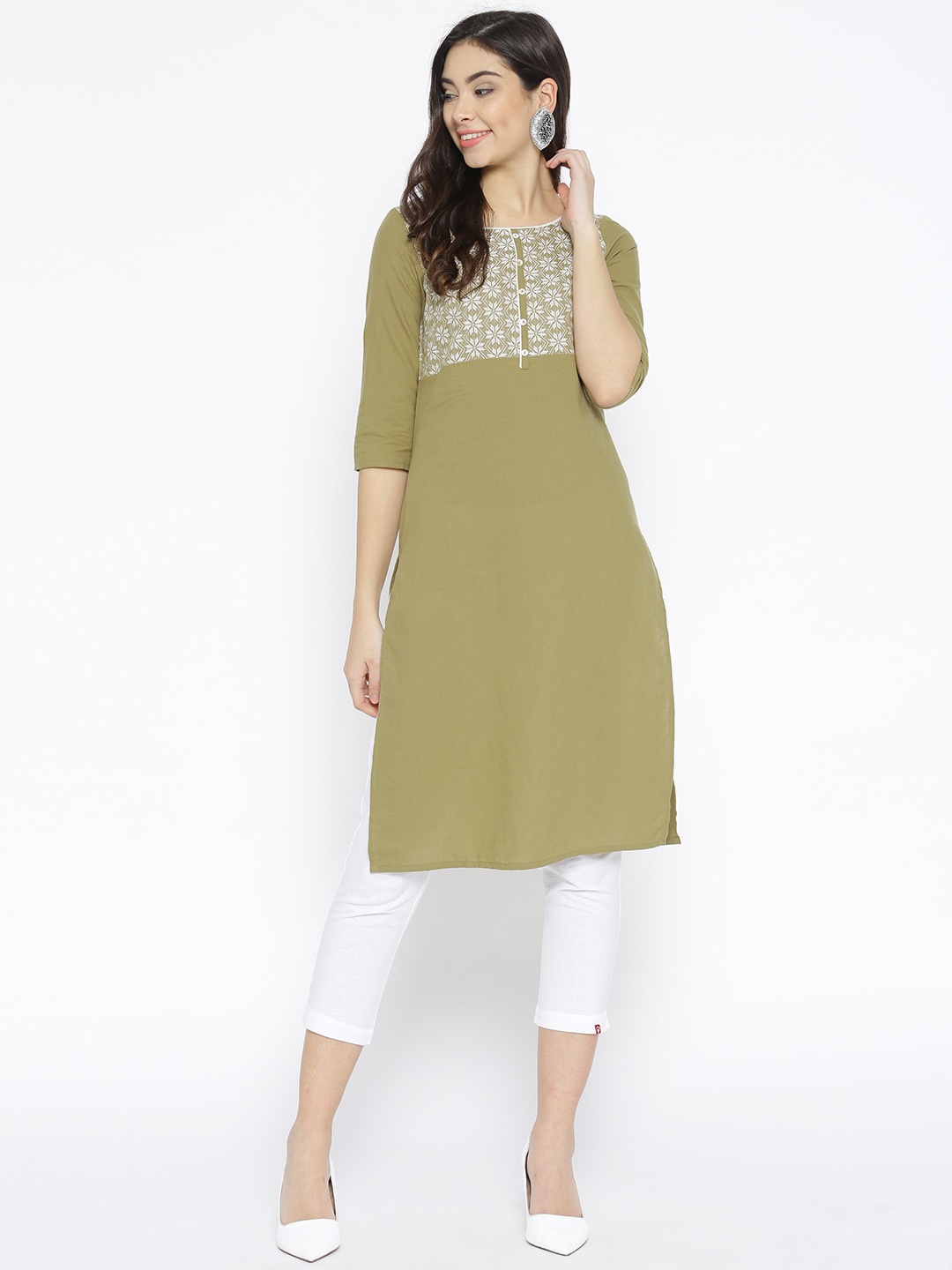

AURELIA Women Olive Green & White Yoke Design Straight Kurta