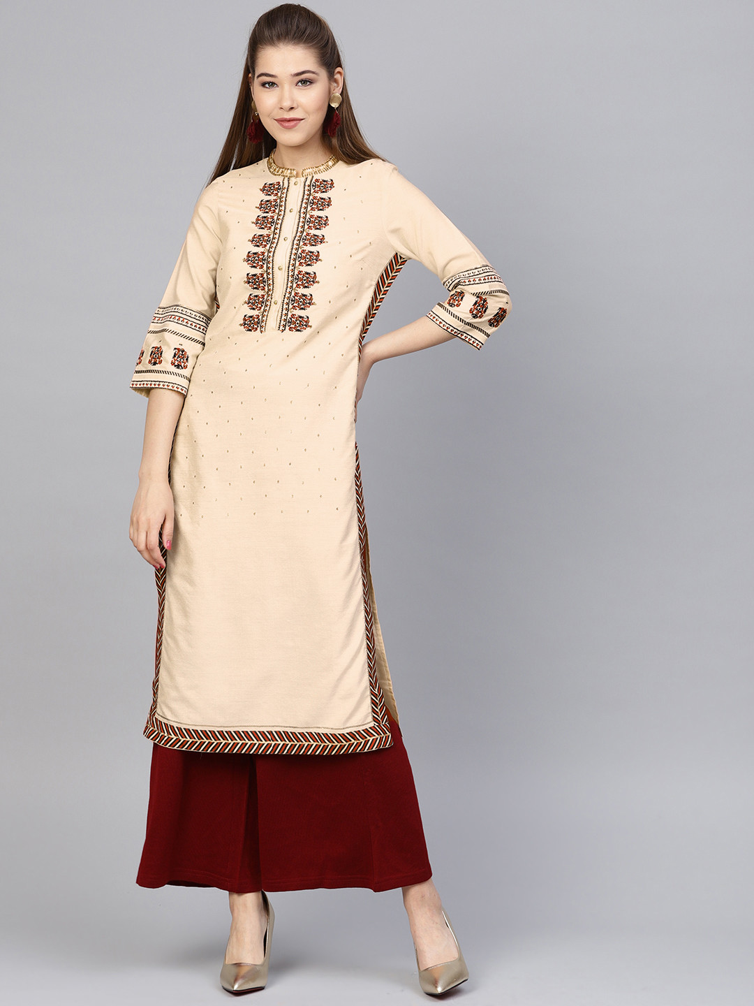 

WISHFUL by W Women Beige Yoke Design Straight Kurta