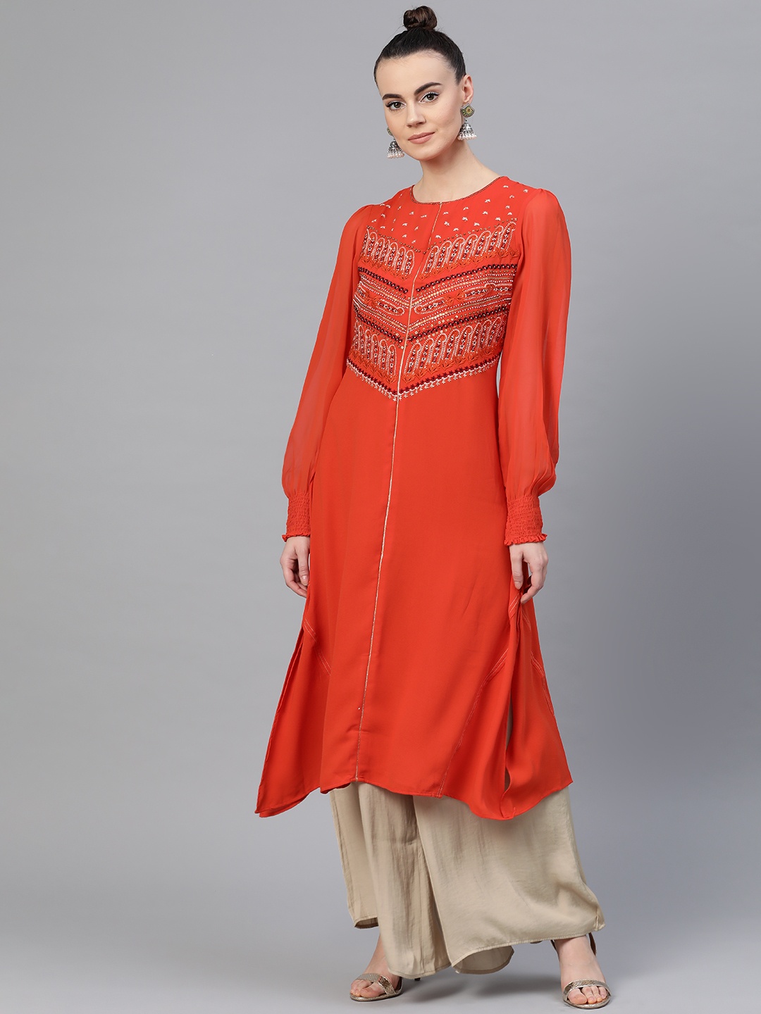 

WISHFUL by W Women Rust Orange Embellished Detail A-Line Kurta