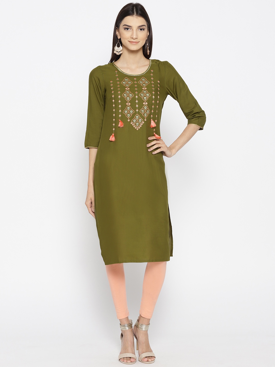 

AURELIA Women Olive Green Yoke Design Straight Kurta