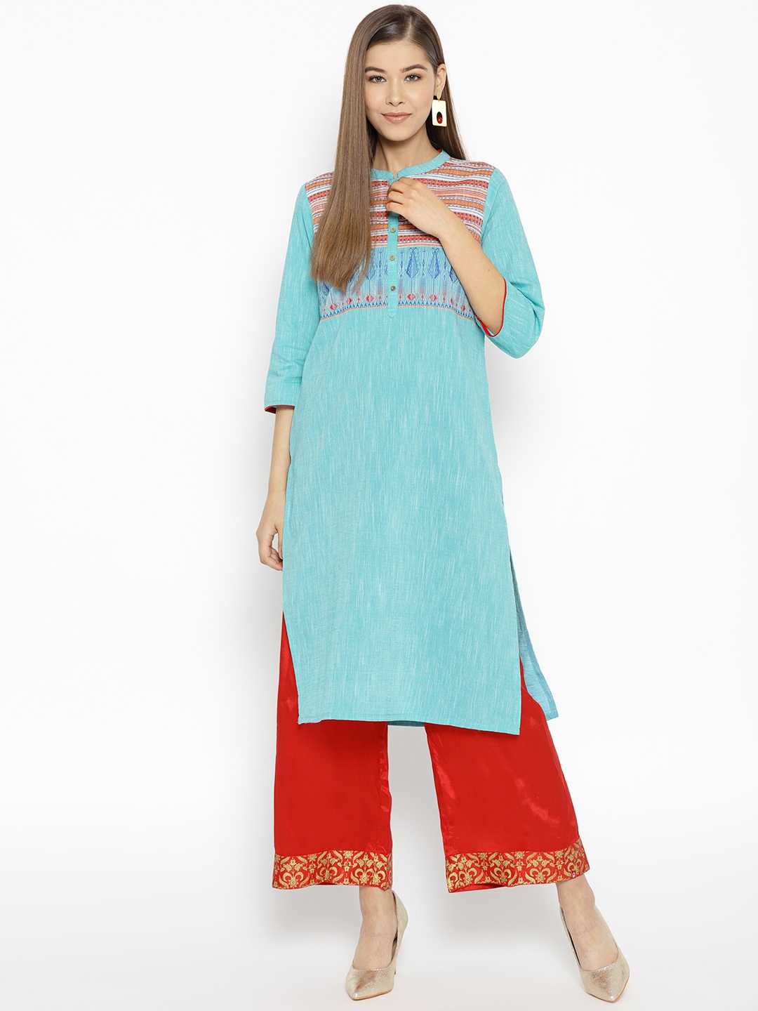 

AURELIA Women Blue Yoke Design Straight Kurta