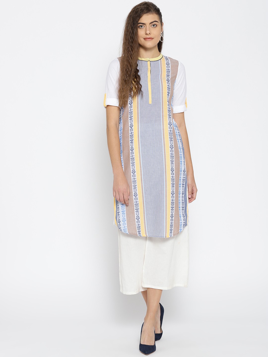 

AURELIA Women White & Blue Striped Straight Kurta