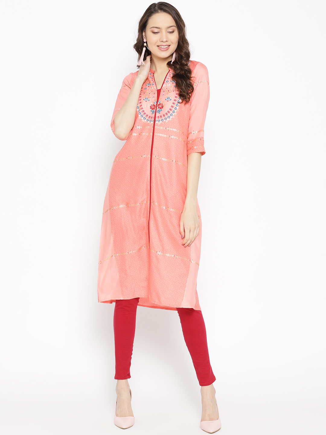 

AURELIA Women Coral Pink & Golden Printed Straight Kurta