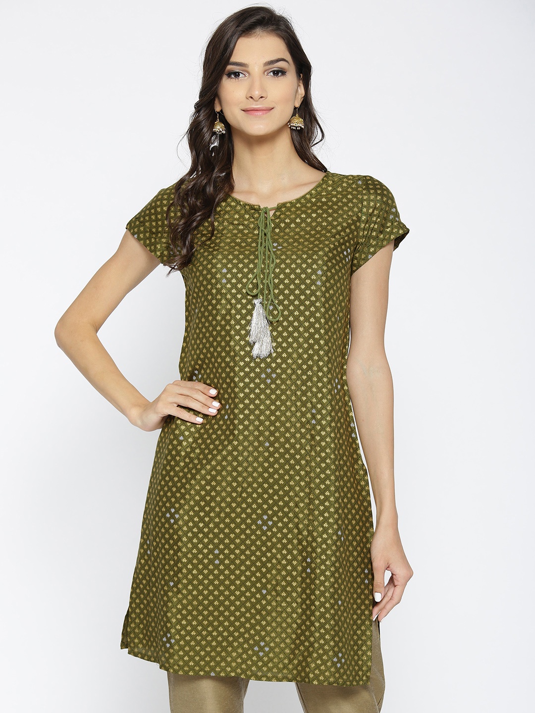 

AURELIA Women Olive Green & Golden Printed Straight Kurta