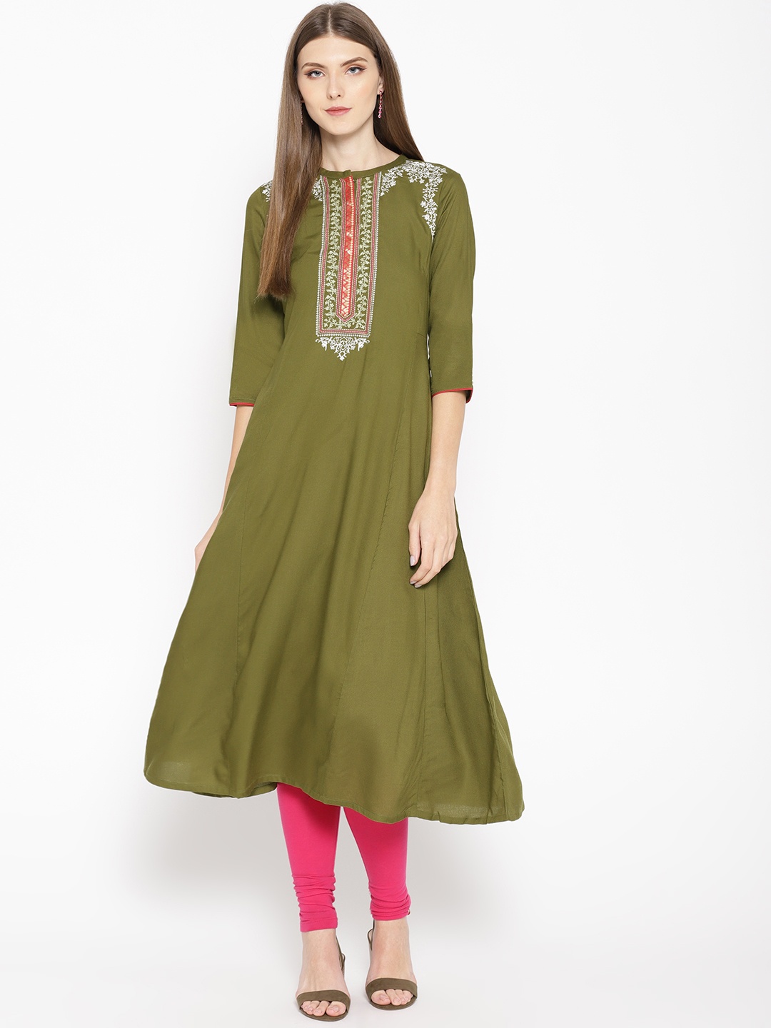 

AURELIA Women Olive Green & White Yoke Design A-Line Kurta