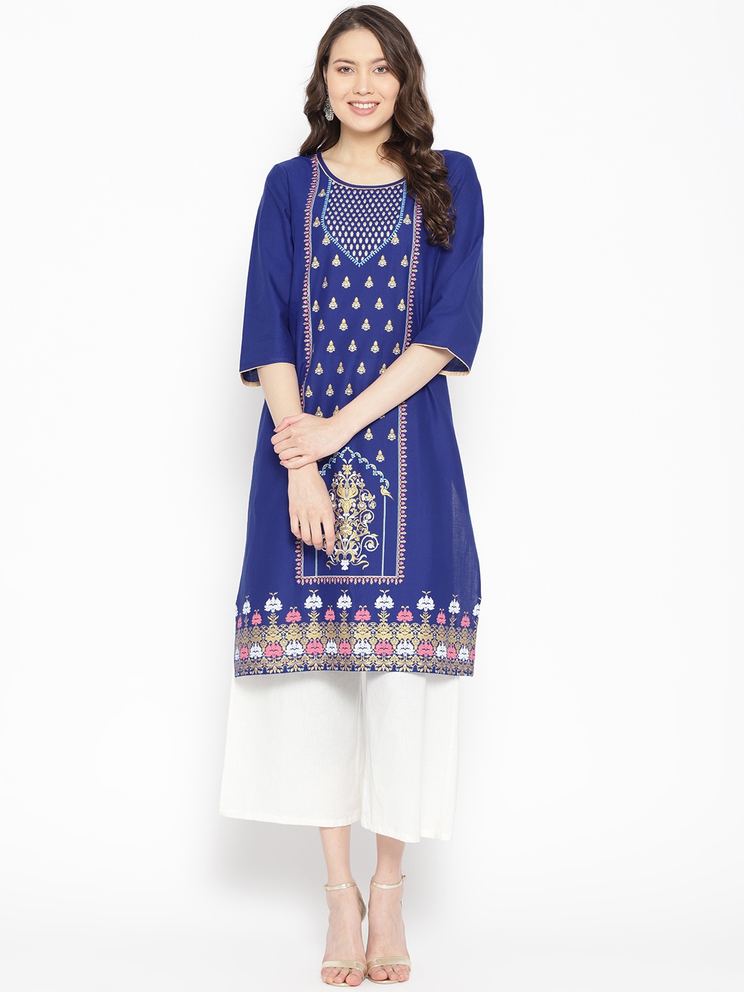 

AURELIA Women Navy Blue & Golden Printed Straight Kurta