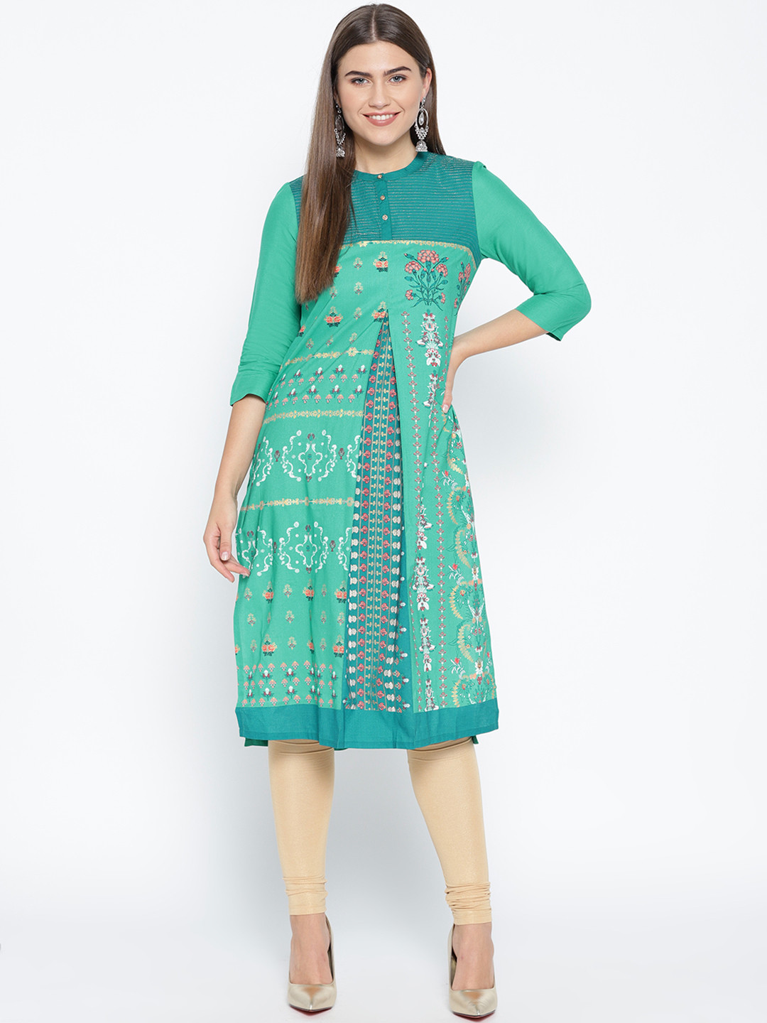 

AURELIA Women Green & White Printed Straight Kurta