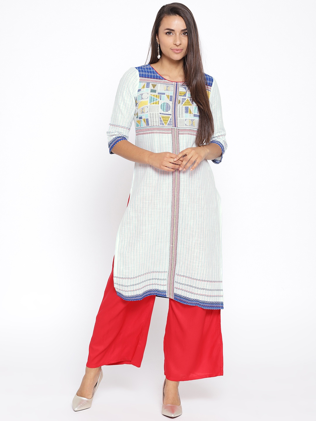 

AURELIA Women White & Blue Striped Straight Kurta