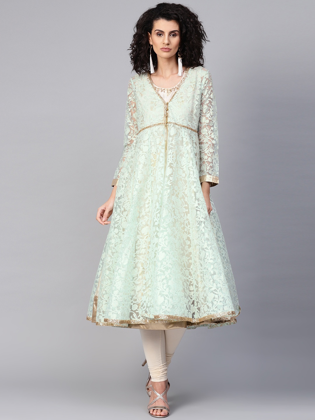 

WISHFUL by W Women Blue & Golden Printed Kurta with Churidar