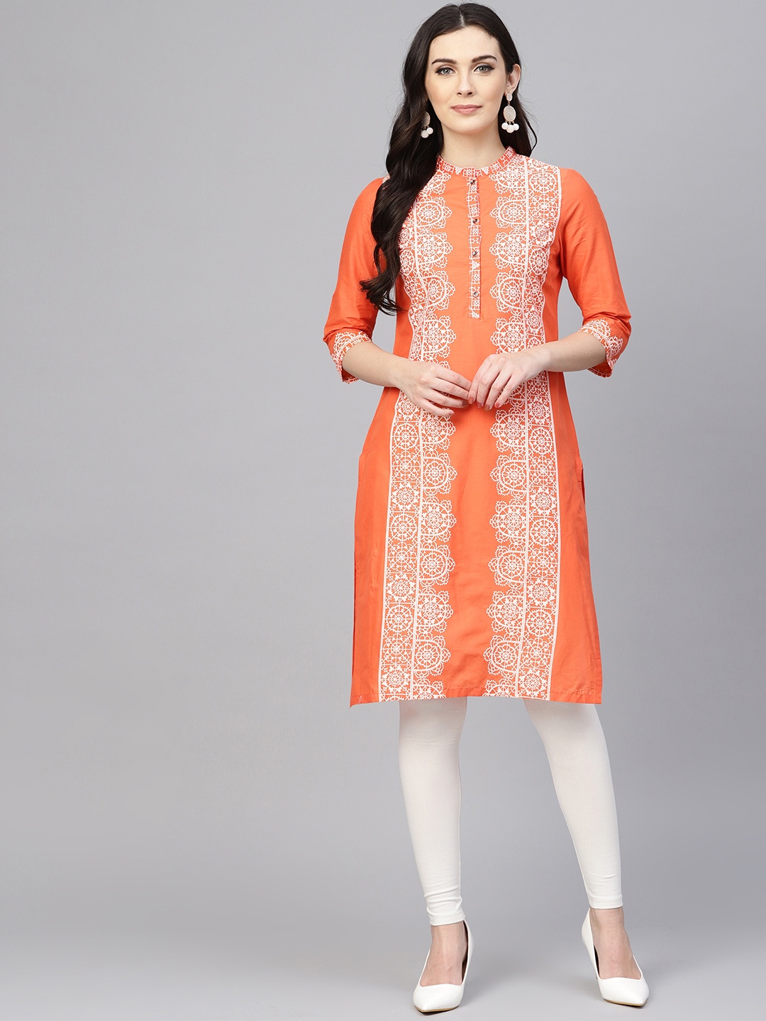 

W Women Orange & White Printed Straight Kurta