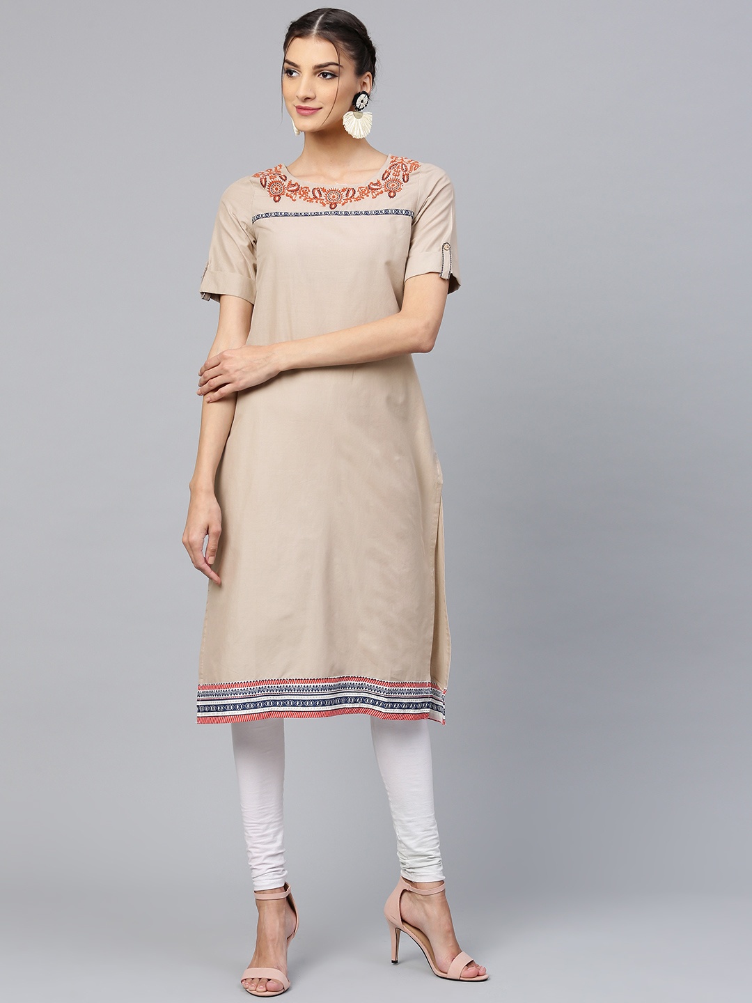 

W Women Taupe Solid Straight Kurta