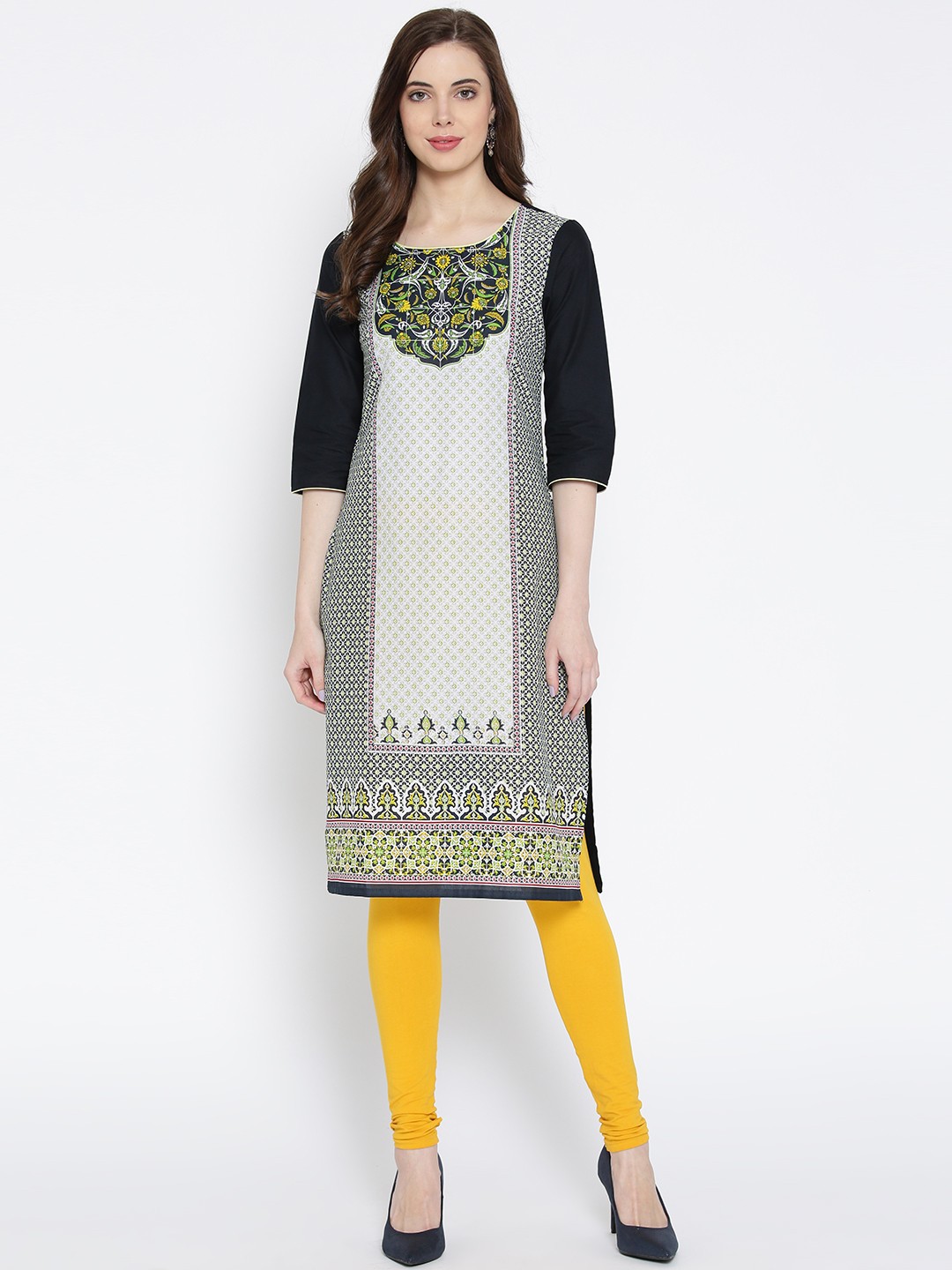 

AURELIA Women Grey & Navy Blue Printed Straight Kurta