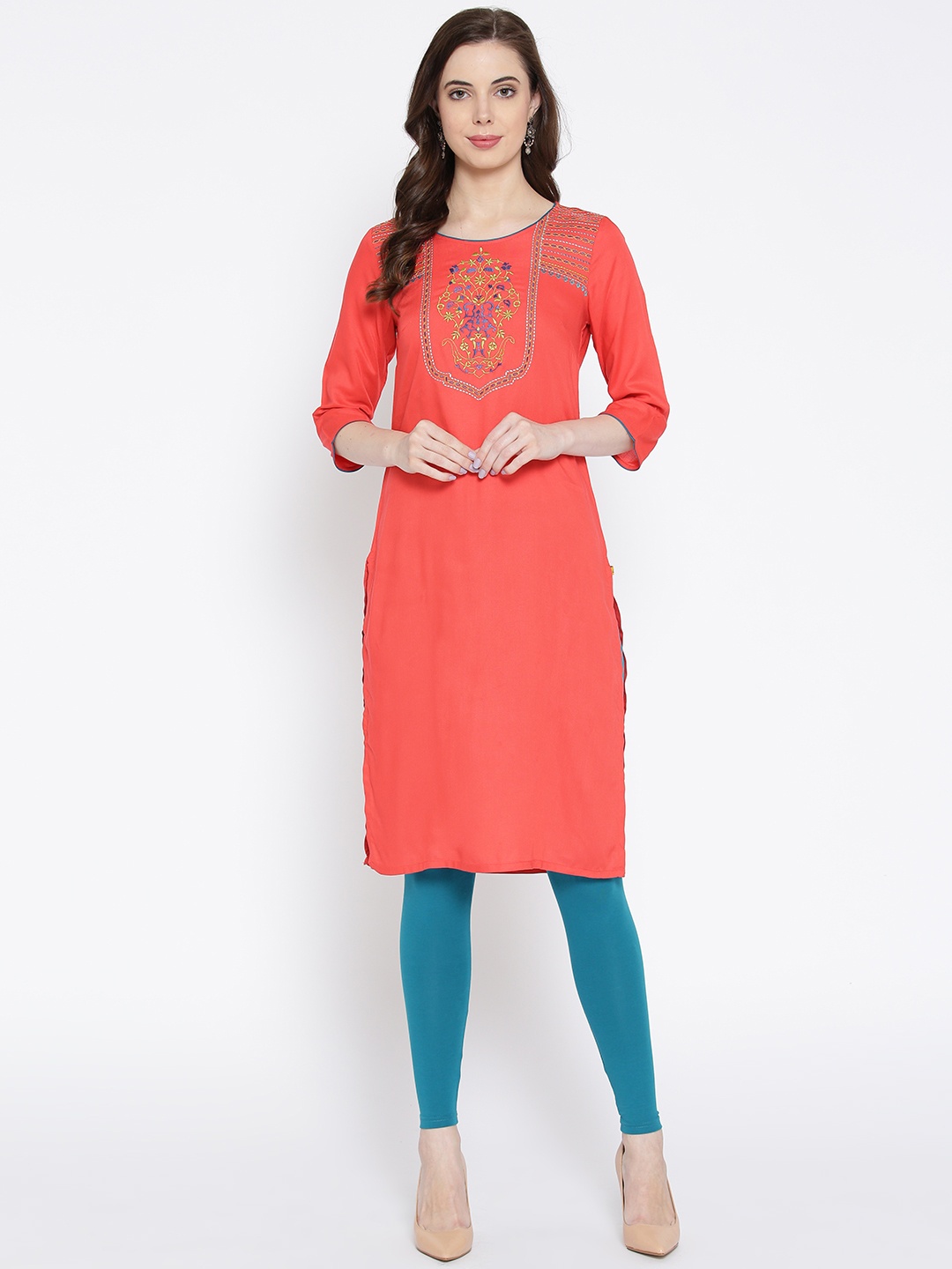 

AURELIA Women Coral Pink Yoke Design Straight Kurta