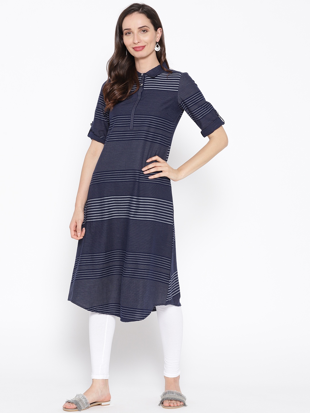 

AURELIA Women Navy Blue & Grey Striped A-Line Kurta