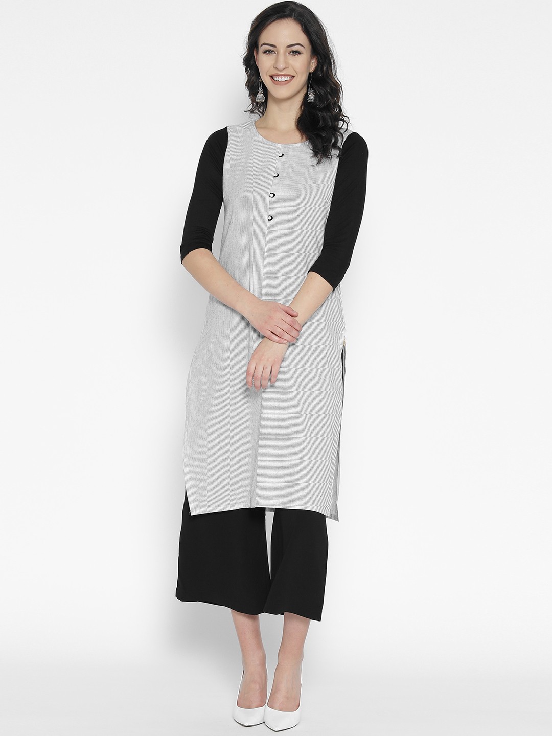

AURELIA Women White & Black Striped Straight Kurta
