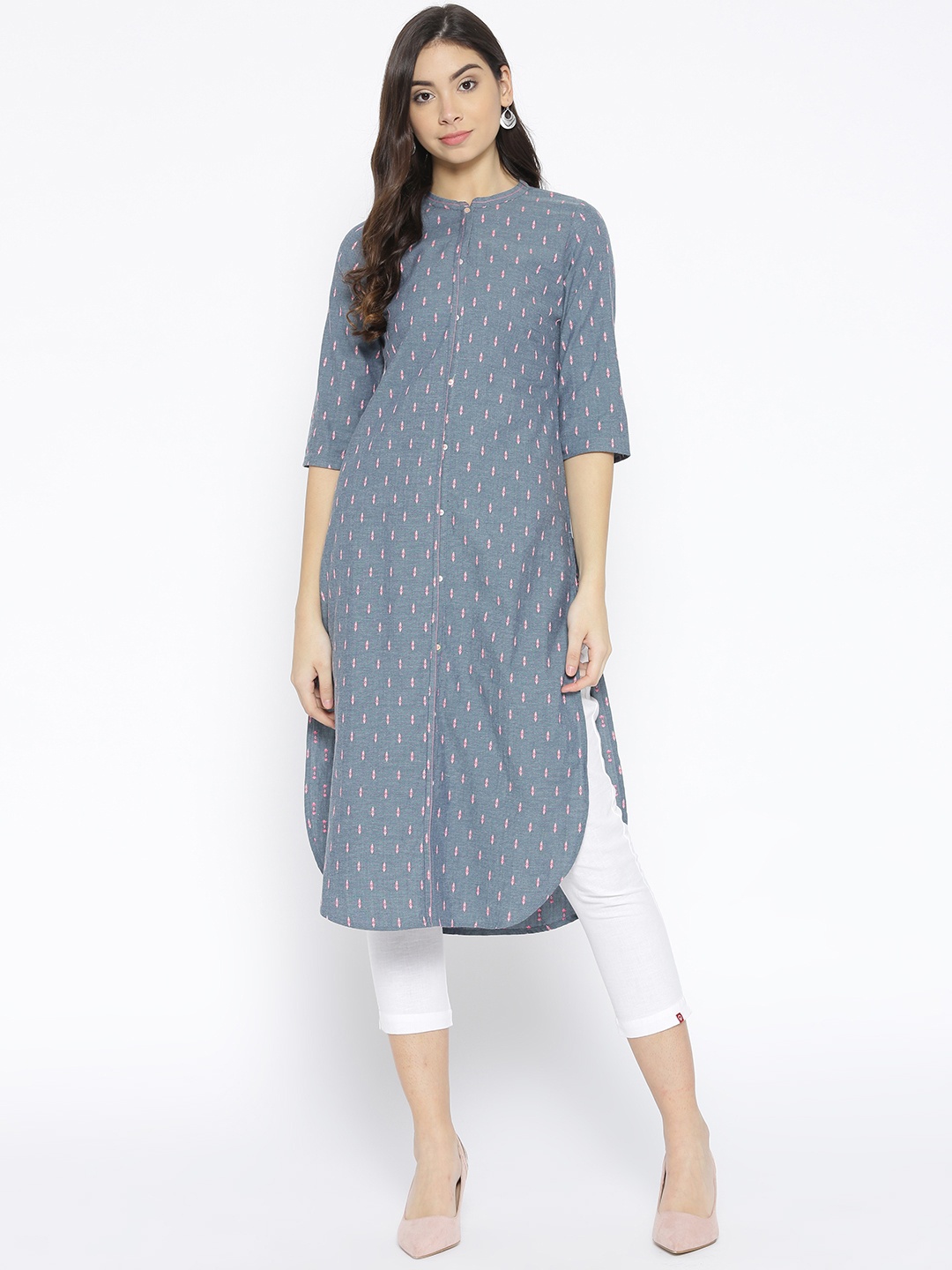 

AURELIA Women Blue & Pink Woven Design Straight Kurta