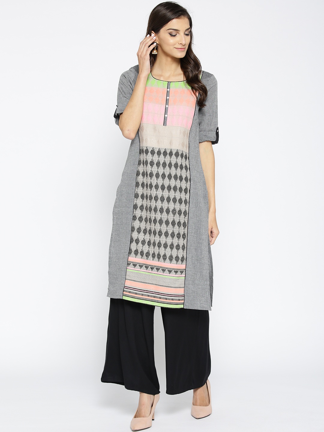 

AURELIA Women Charcoal Grey & Beige Woven Design Straight Kurta