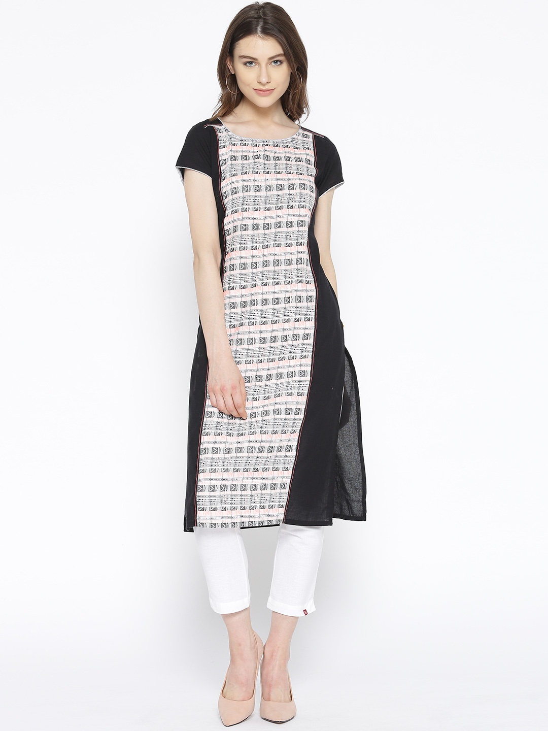 

AURELIA Women Black & Off-White Woven Design Straight Kurta