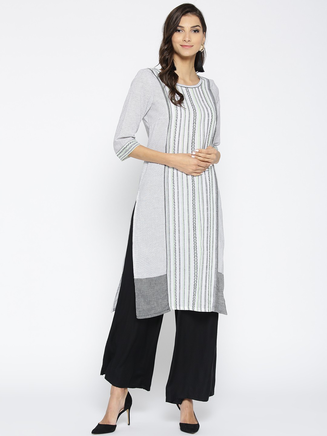 

AURELIA Women Grey & Black Self Striped Straight Kurta