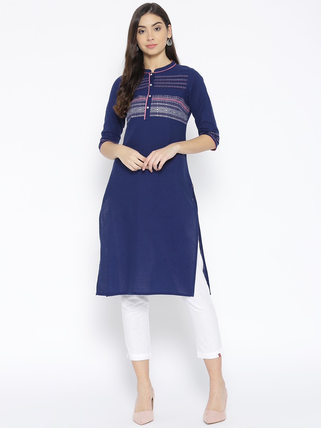 

AURELIA Women Navy Blue Yoke Design Straight Kurta