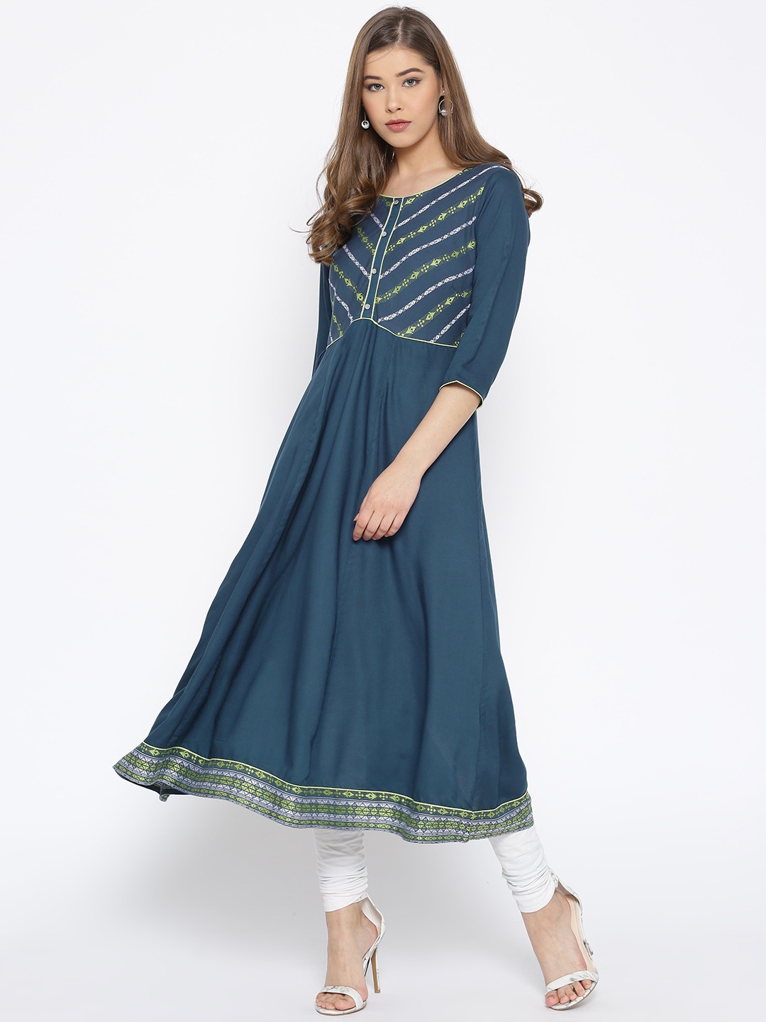 

AURELIA Women Teal Blue Yoke Design A-Line Kurta