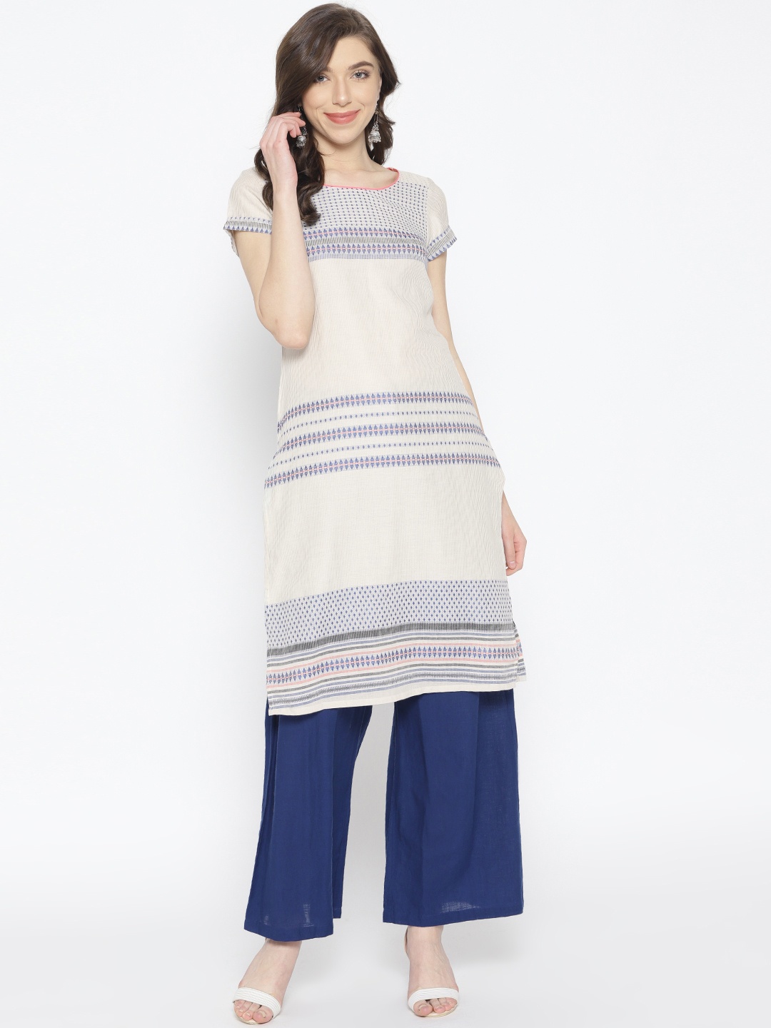 

AURELIA Women Beige & Blue Striped Straight Kurta