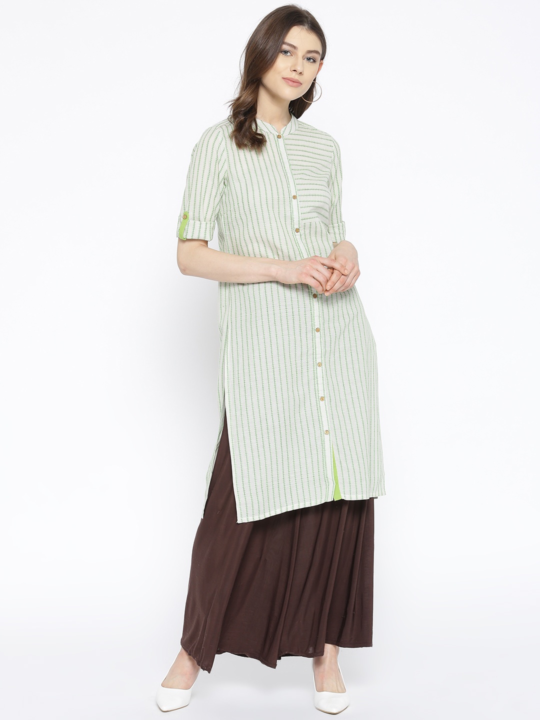 

AURELIA Women Off-White & Green Striped Straight Kurta