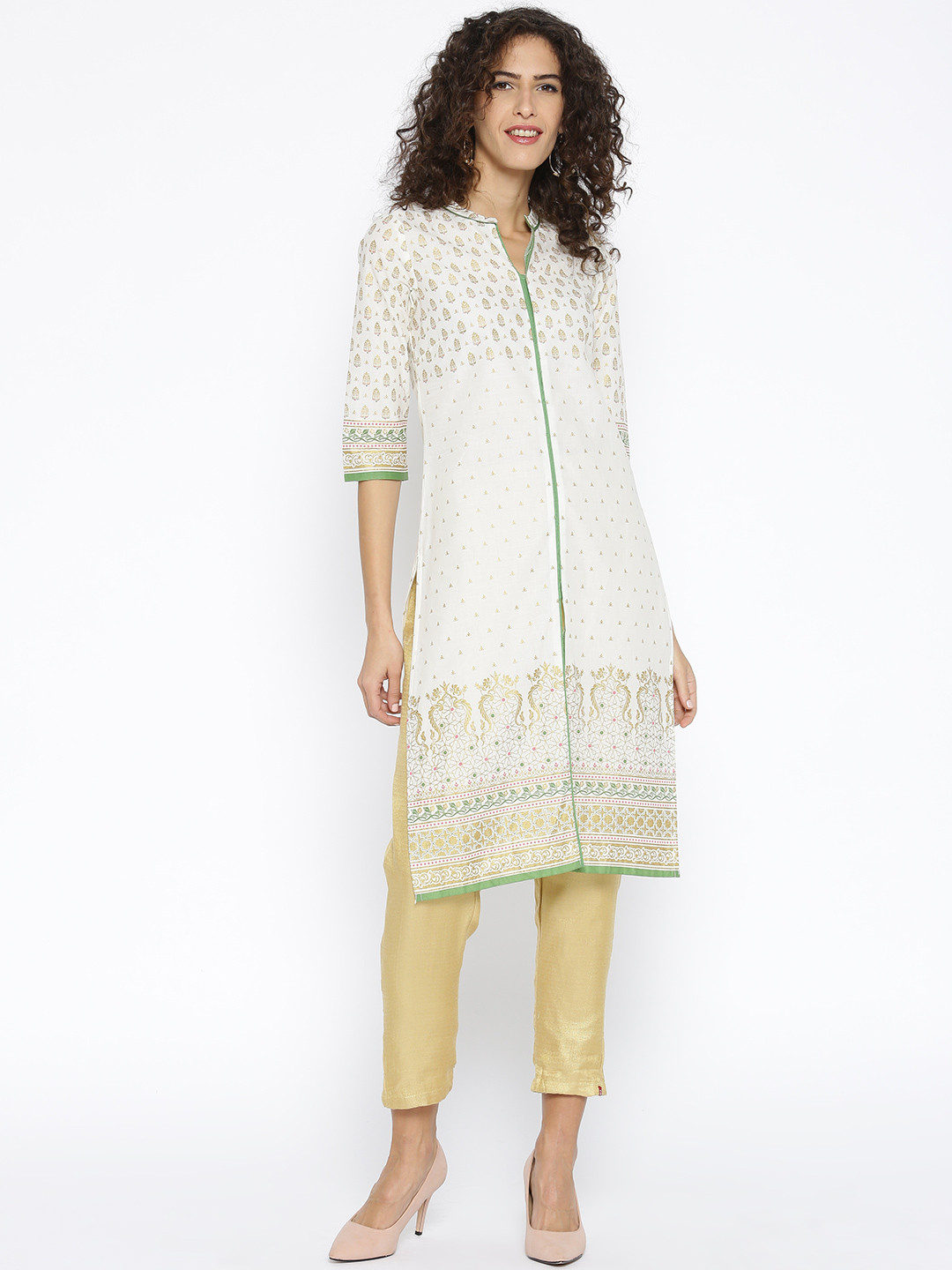 

AURELIA Women Off-White & Golden Printed Straight Kurta
