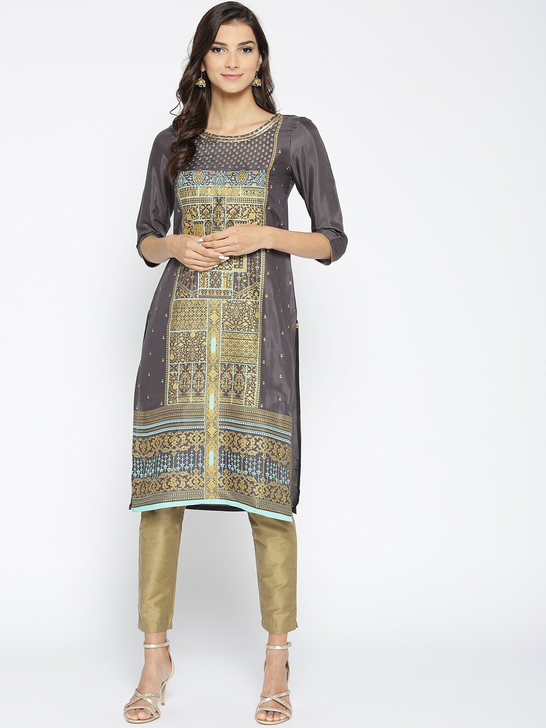 

AURELIA Women Grey & Golden Printed Straight Kurta