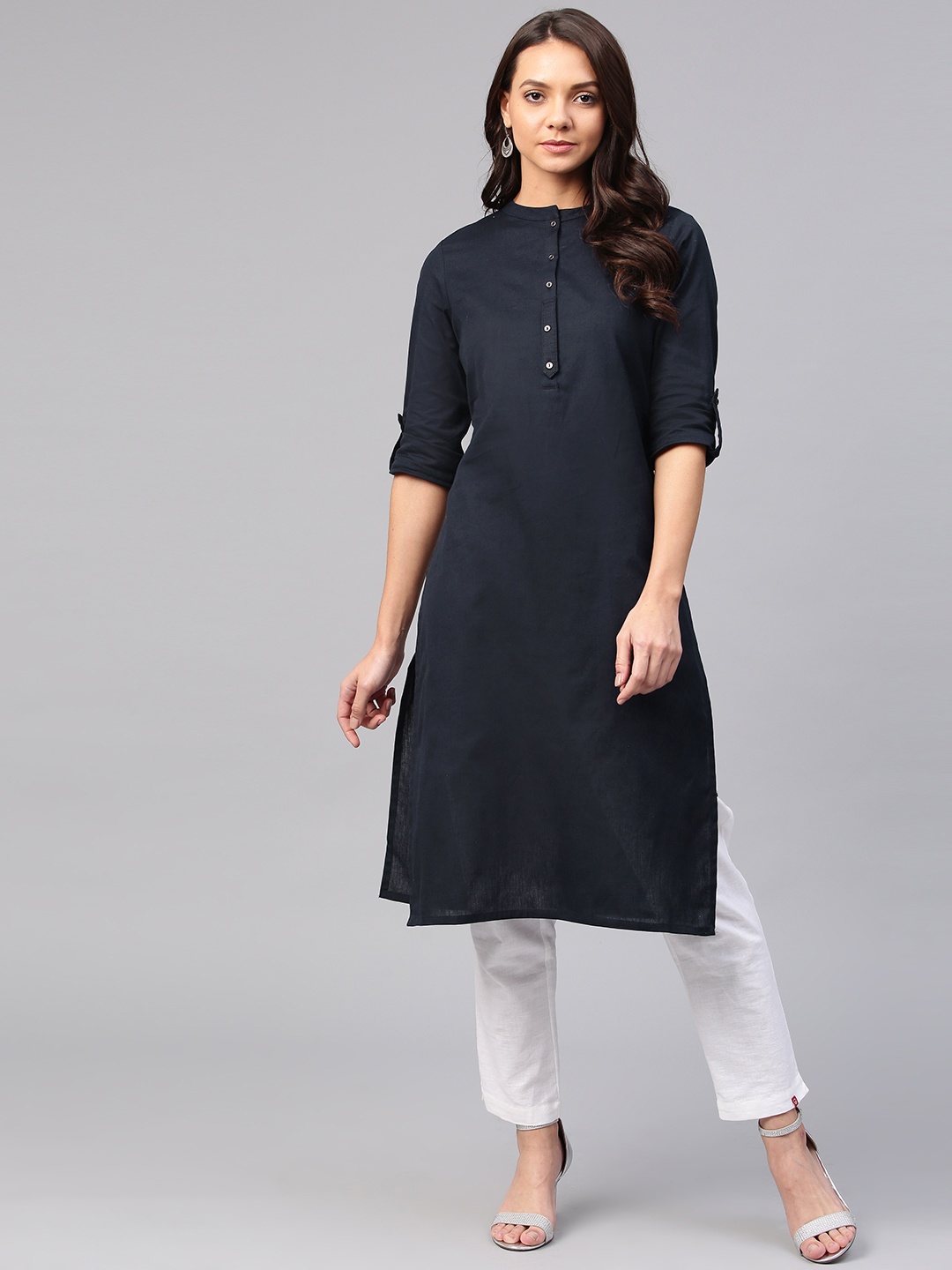 

W Women Navy Blue Solid Straight Kurta