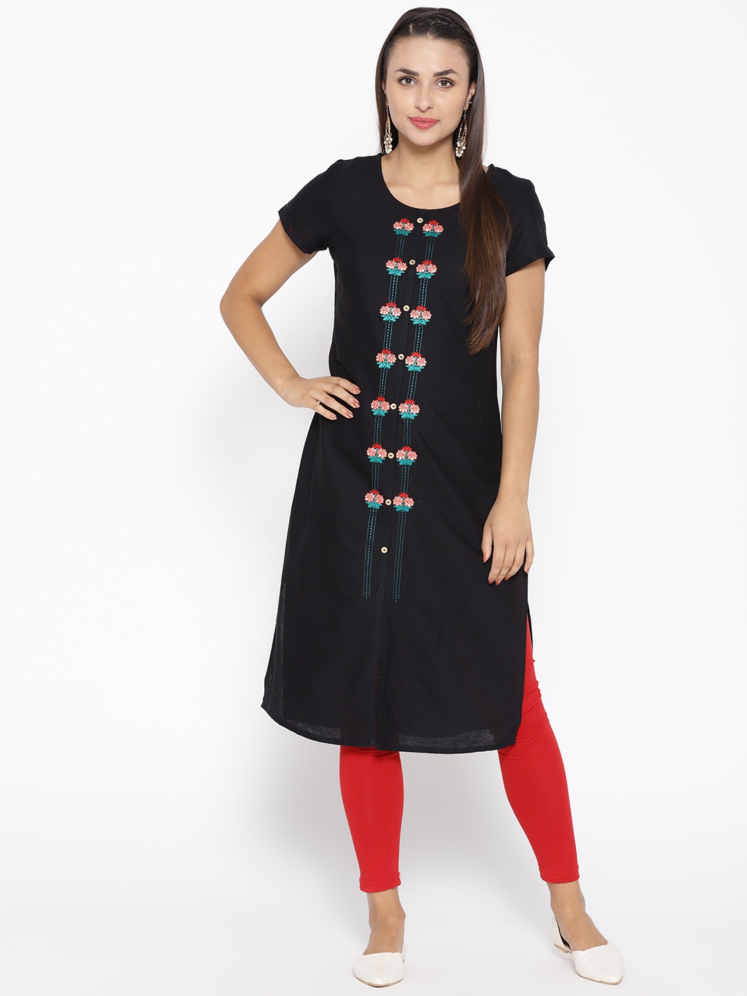 

AURELIA Women Black Solid Straight Kurta with Embroidered Detail