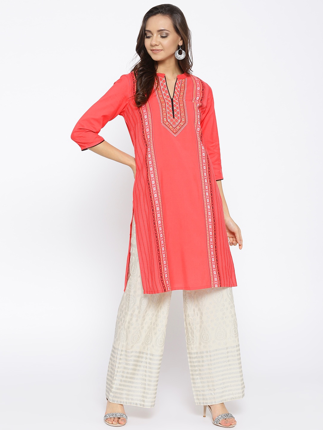 

AURELIA Women Coral Orange Solid Straight Kurta