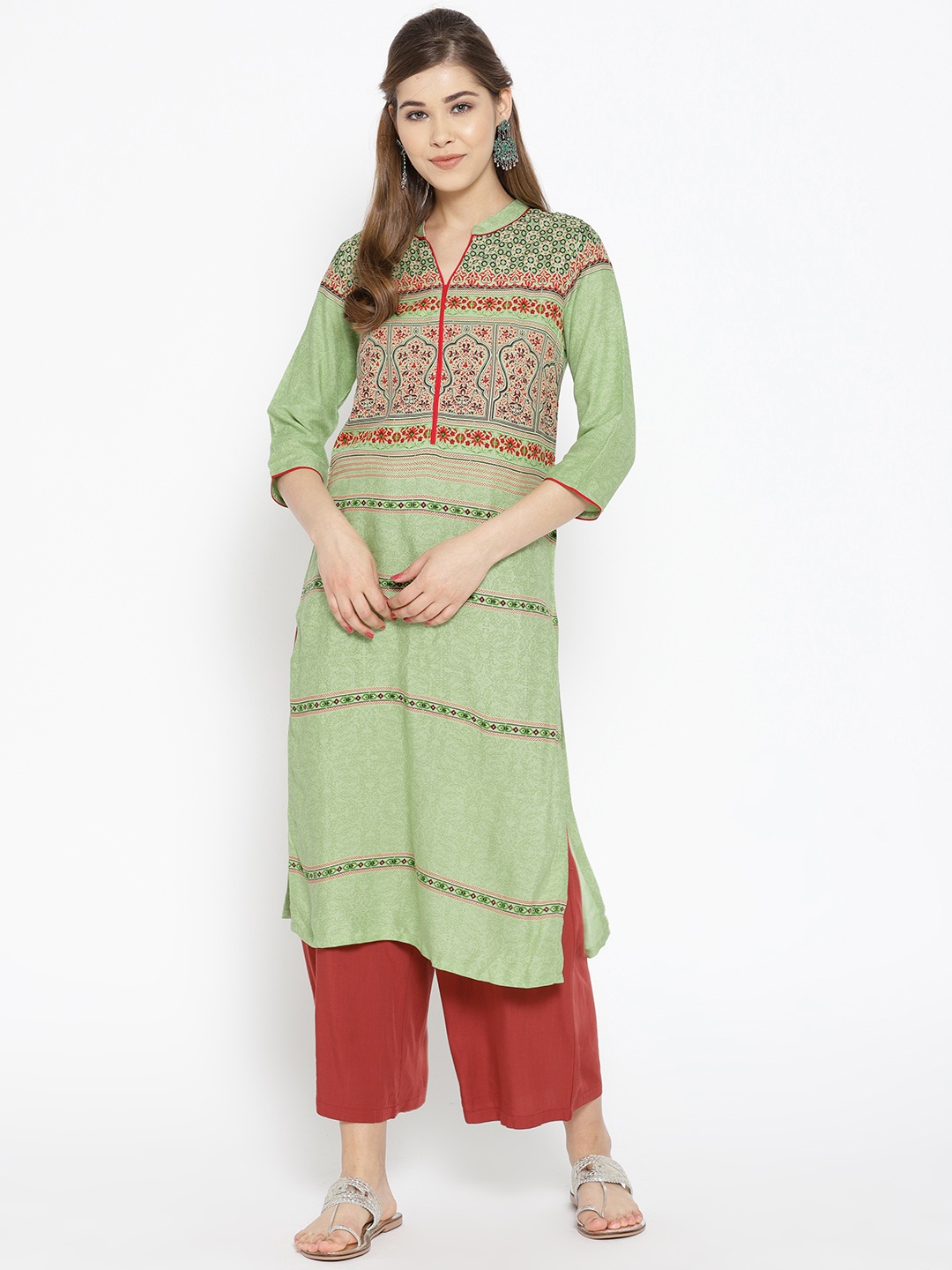 

AURELIA Women Green & Red Printed Straight Kurta