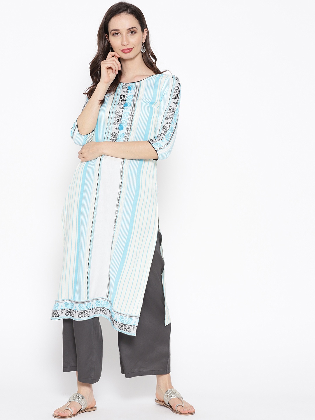 

AURELIA Women Blue & White Striped Straight Kurta