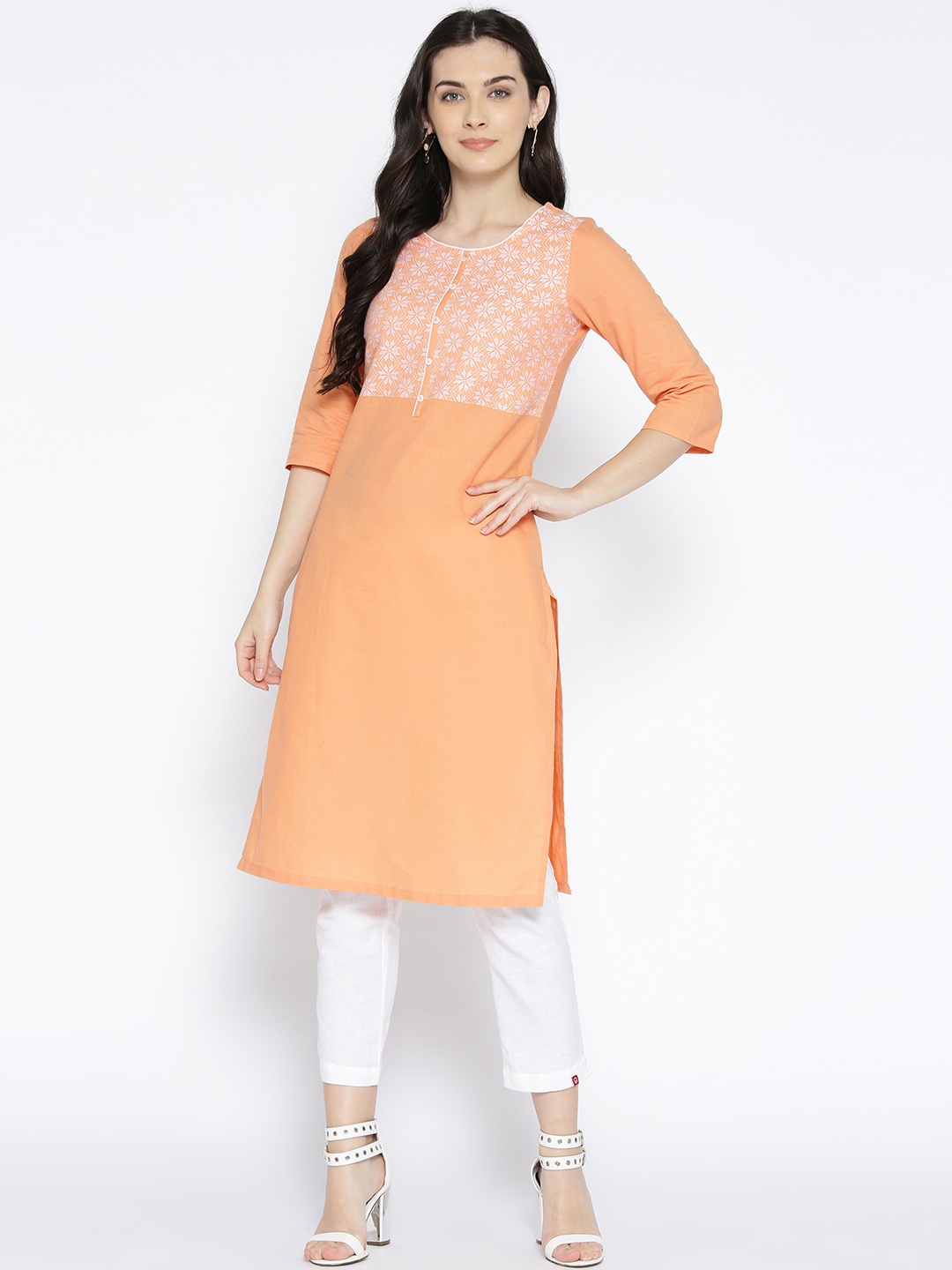 

AURELIA Women Orange Yoke Design Straight Kurta