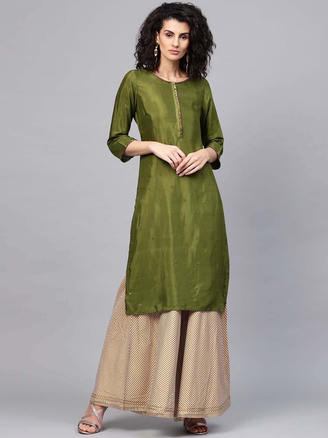 

Wishful by W Women Olive Green Embellished Straight Kurta