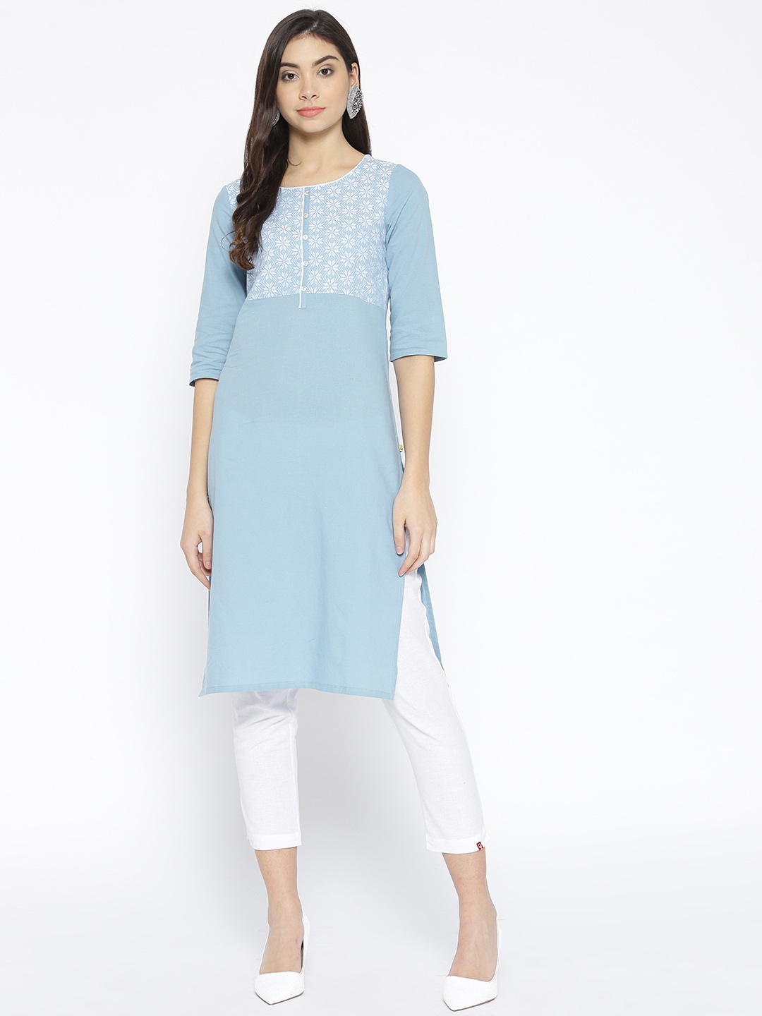 

AURELIA Women Blue & White Yoke Design Straight Kurta