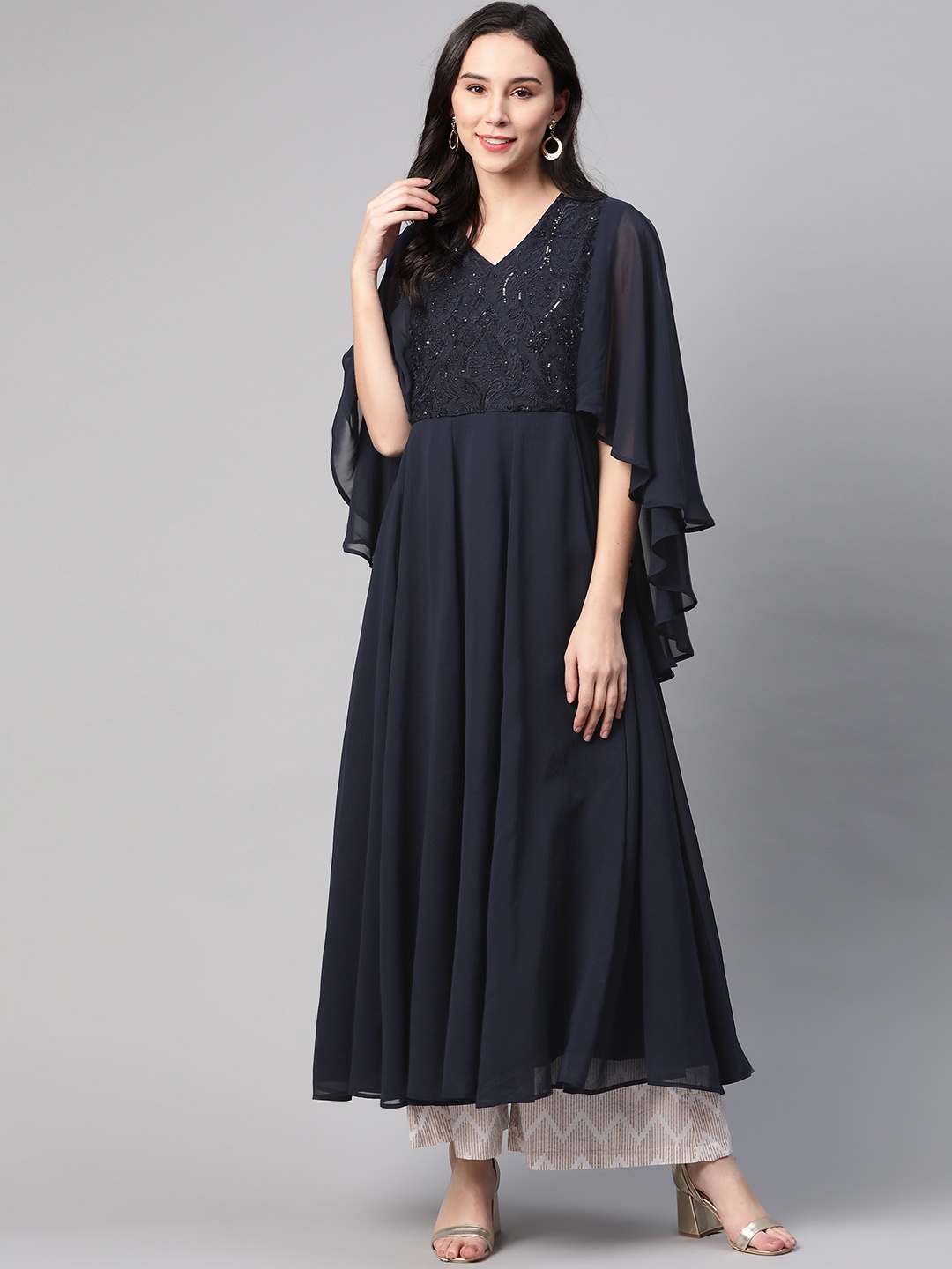 

WISHFUL by W Women Navy Blue Yoke Design A-Line Kurta