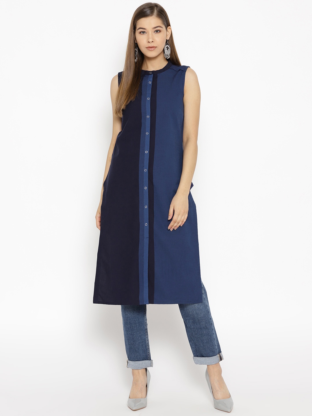 

AURELIA Women Navy Blue Solid Straight Kurta