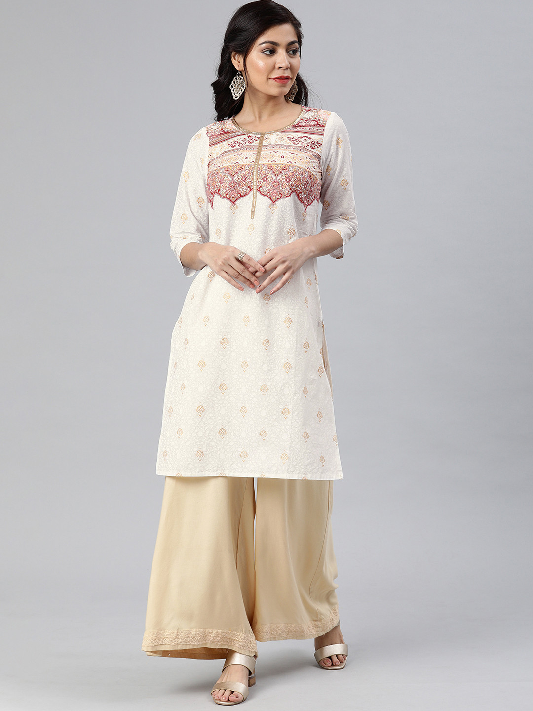 

AURELIA Women White & Brown Printed Straight Kurta